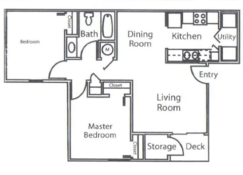 Floor plan for 2 beds, 1 bath, 835 sqft